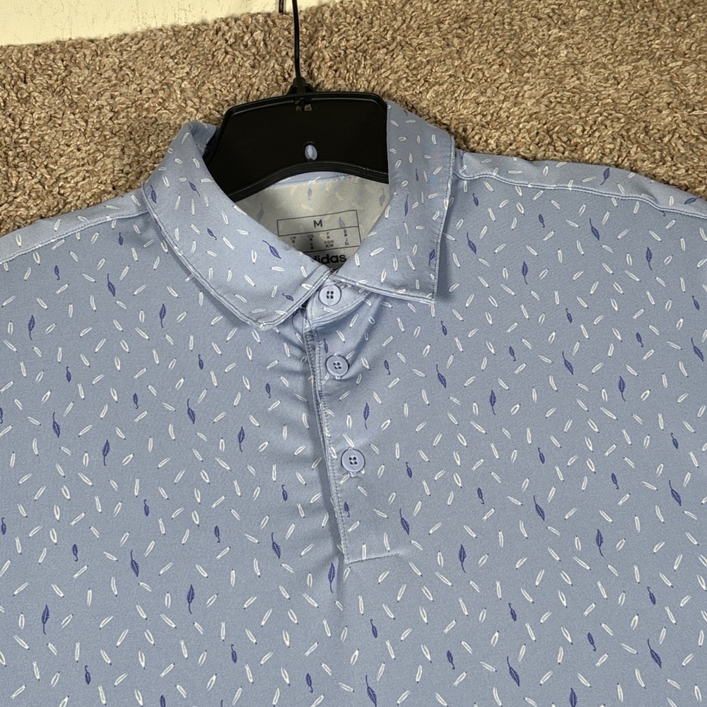 Adidas Mens Golf Polo Shirt Blue Feather Print Short Sleeve Size M Performance